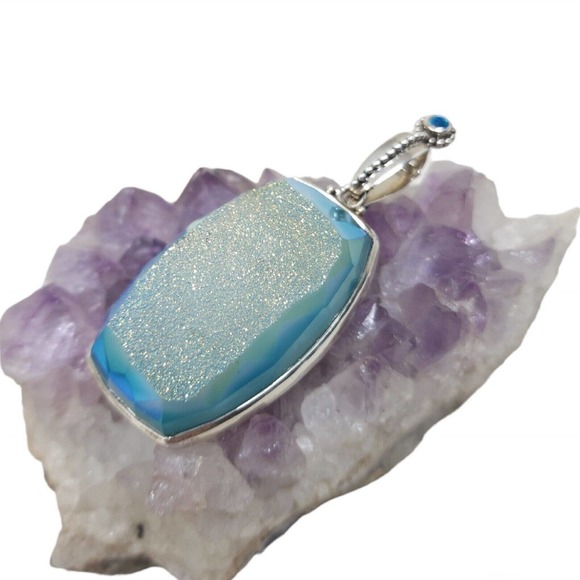 Vintage Jewelry - Colleen Lopez Womens Pendant 925 Sterling Silver Blue Mystic Druzy Quartz Stone